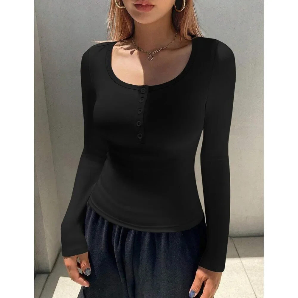 Women's Long Sleeve Thermal Henley Shirt Cozy Casual Tops Slim Fit - Picture 3 of 6